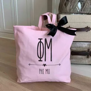 Phi Mu Pink Canvas Tote Bag with Black Bow