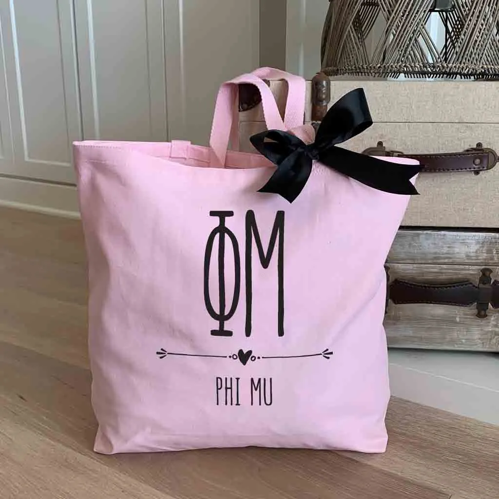 Phi Mu Pink Canvas Tote Bag with Black Bow