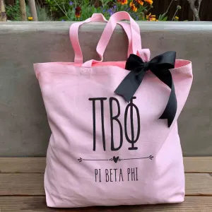 Pi Beta Phi Pink Canvas Tote Bag with Black Bow