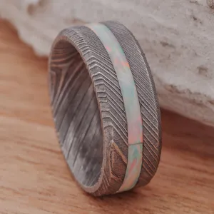 Polished Damascus Steel, White Opal Inlay
