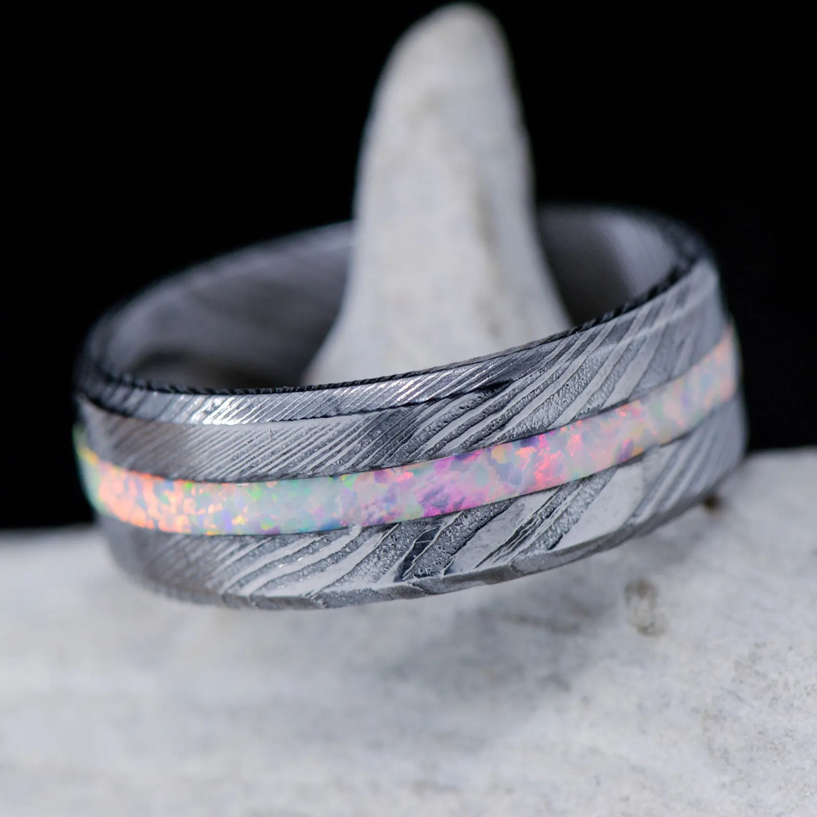 Polished Damascus Steel, White Opal Inlay