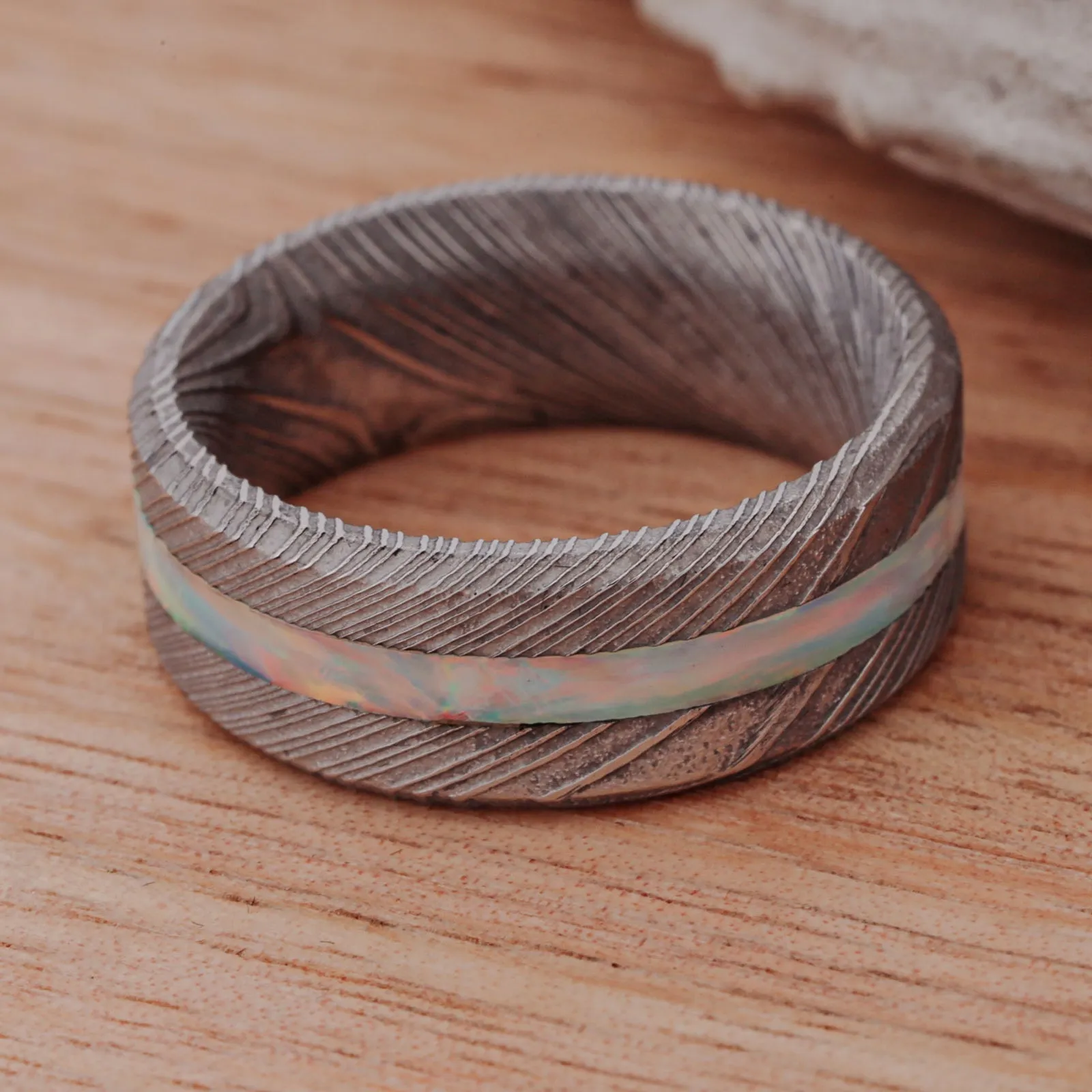 Polished Damascus Steel, White Opal Inlay