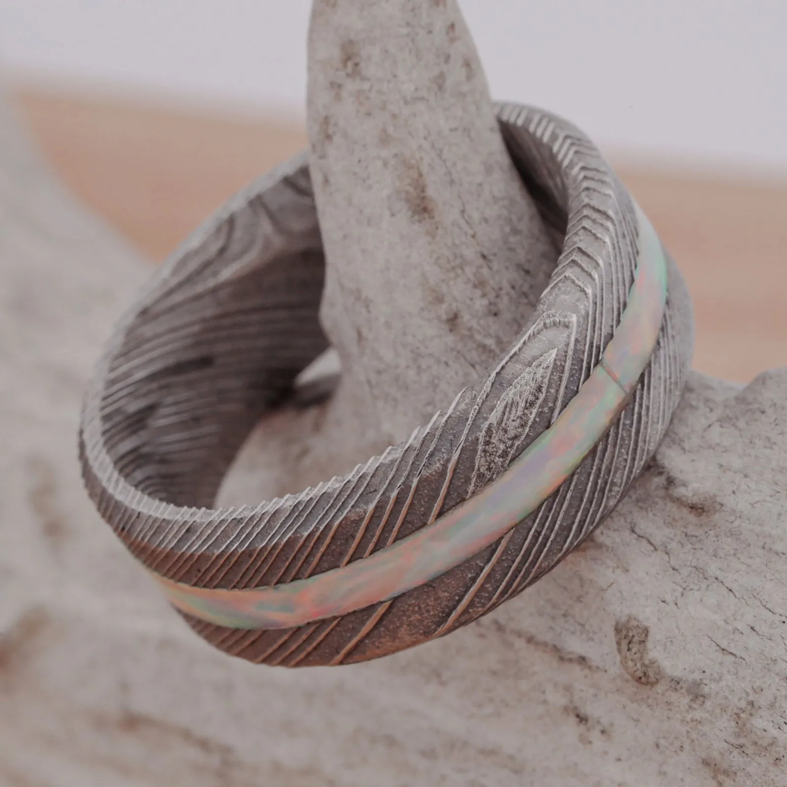 Polished Damascus Steel, White Opal Inlay