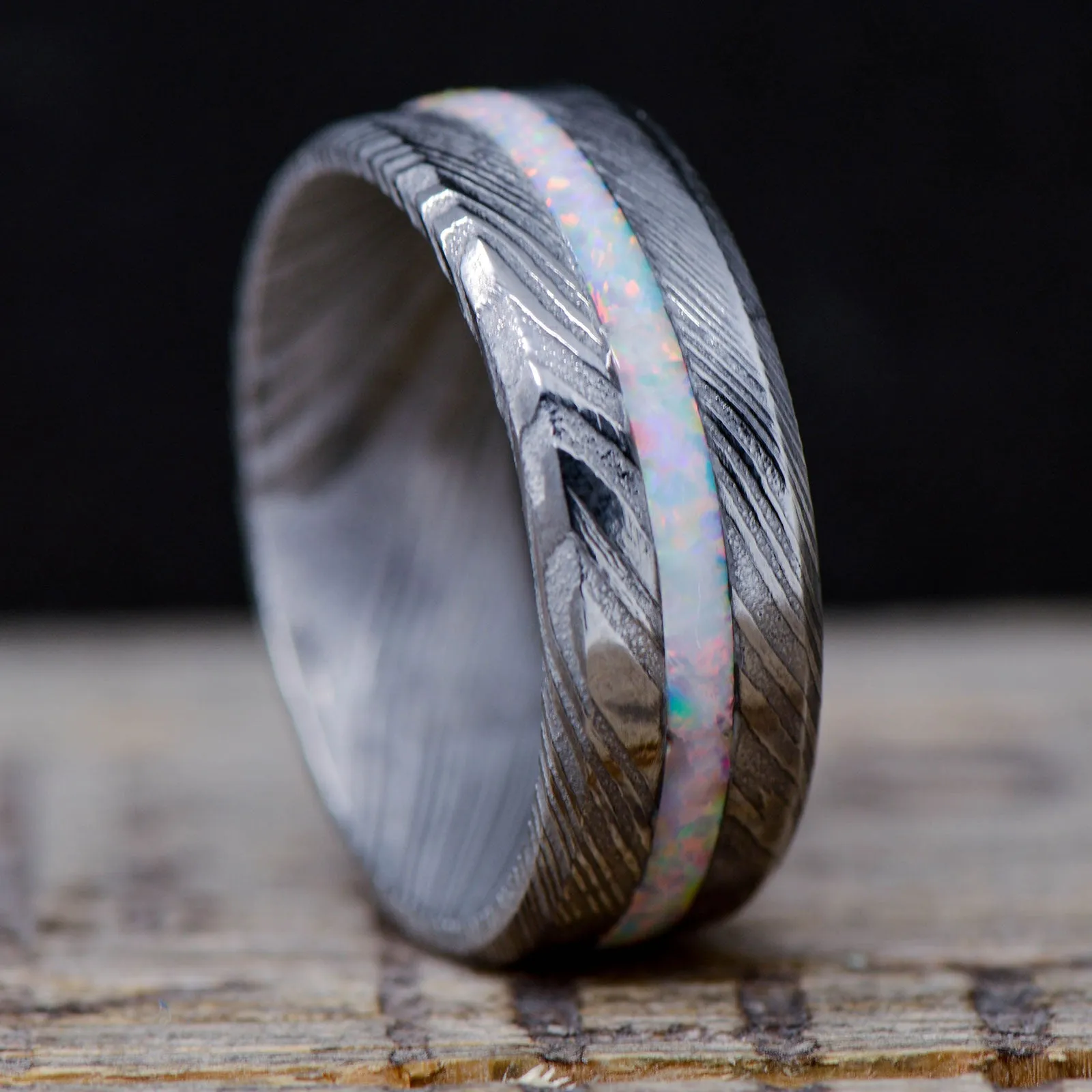 Polished Damascus Steel, White Opal Inlay