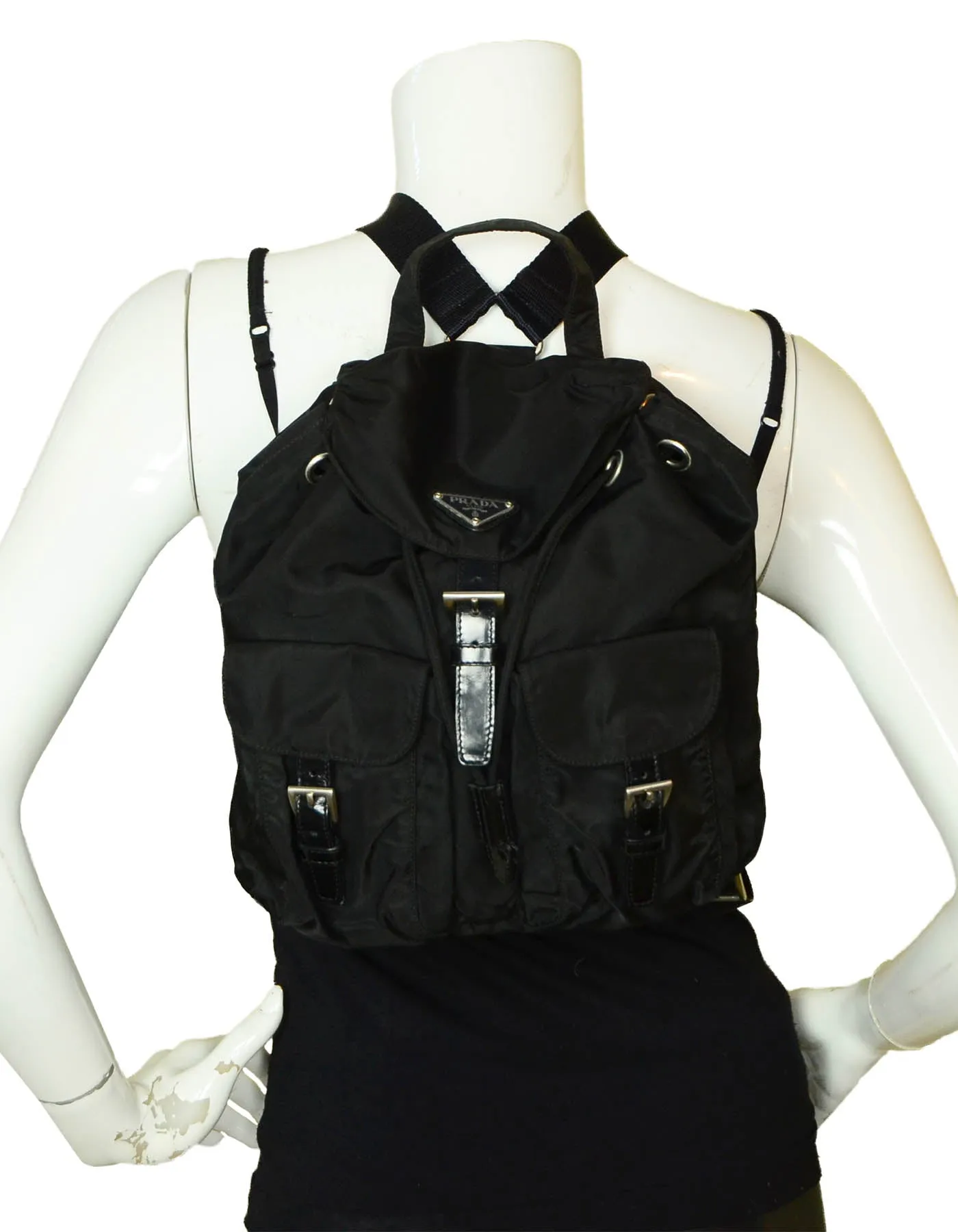Prada Black Nylon Small Backpack Bag w/ Front Buckle Pockets