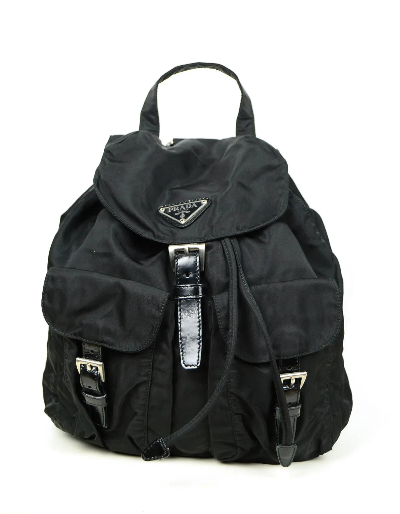 Prada Black Nylon Small Backpack Bag w/ Front Buckle Pockets