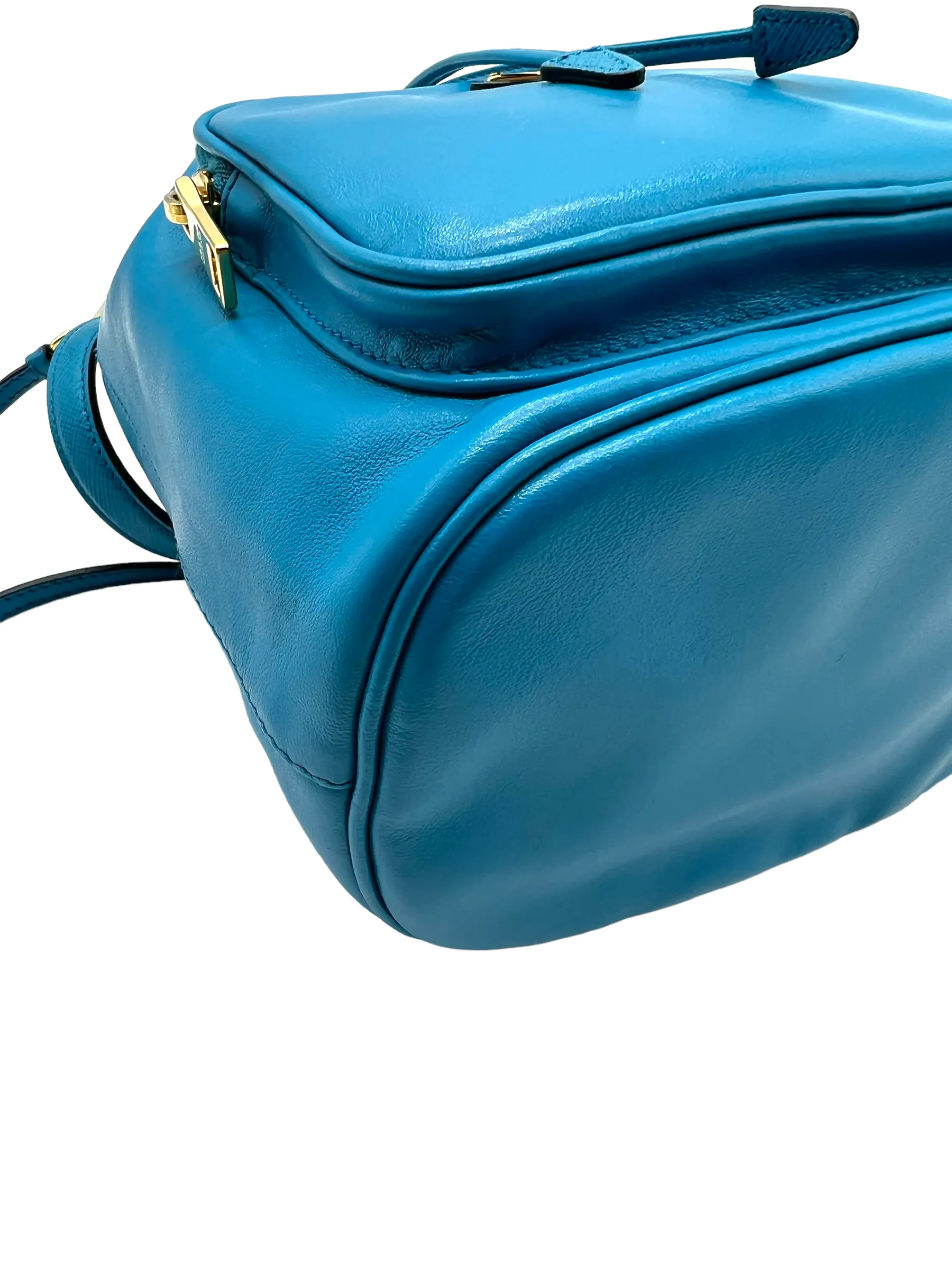 Prada Blue Leather Small Drawstring Bucket Handbag