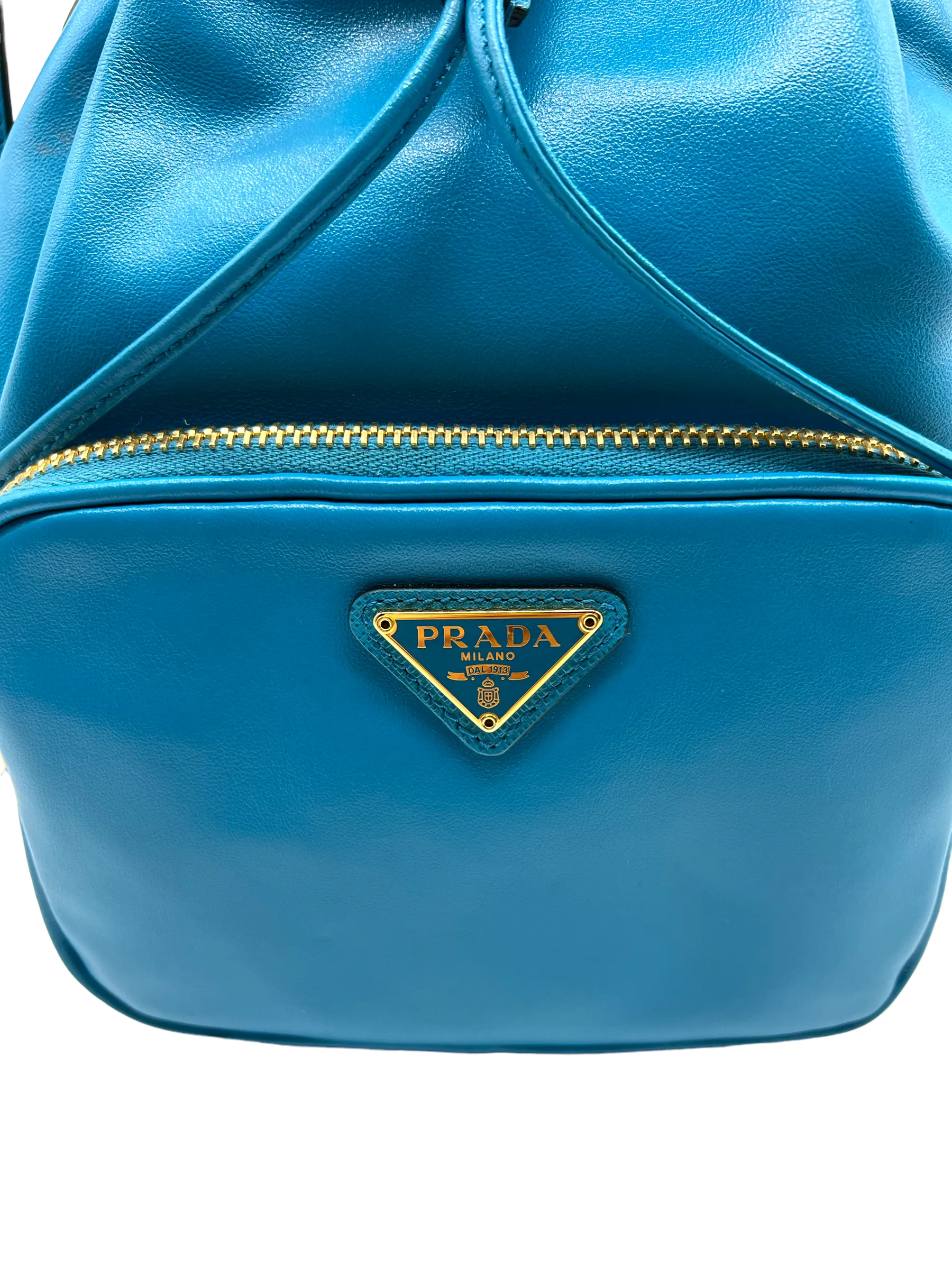 Prada Blue Leather Small Drawstring Bucket Handbag