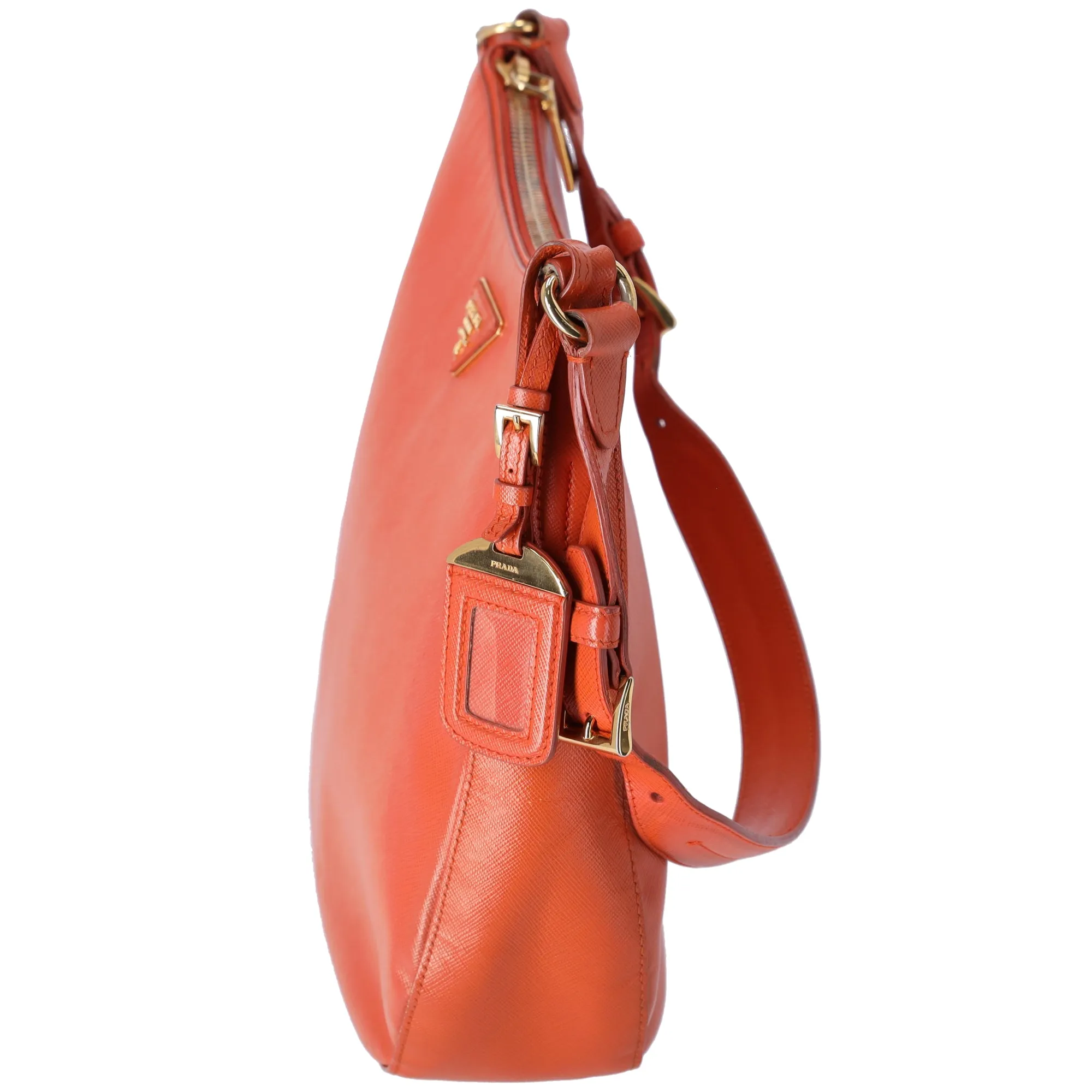 PRADA Triangle Logo Shoulder Bag Hobo Orange Saffiano Leather
