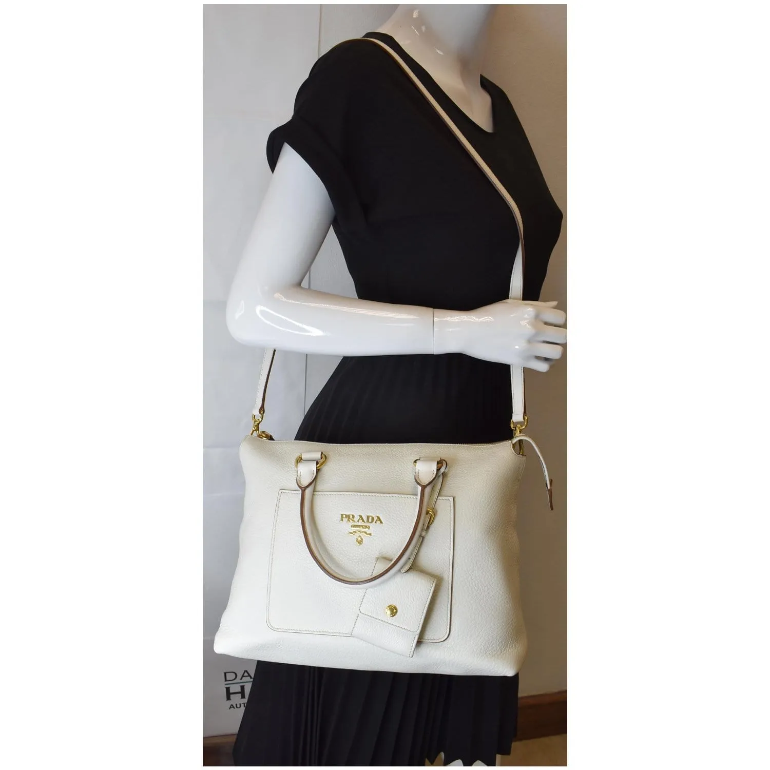 PRADA Vitello Daino Pebbled Leather Zip Tote Shoulder Bag White
