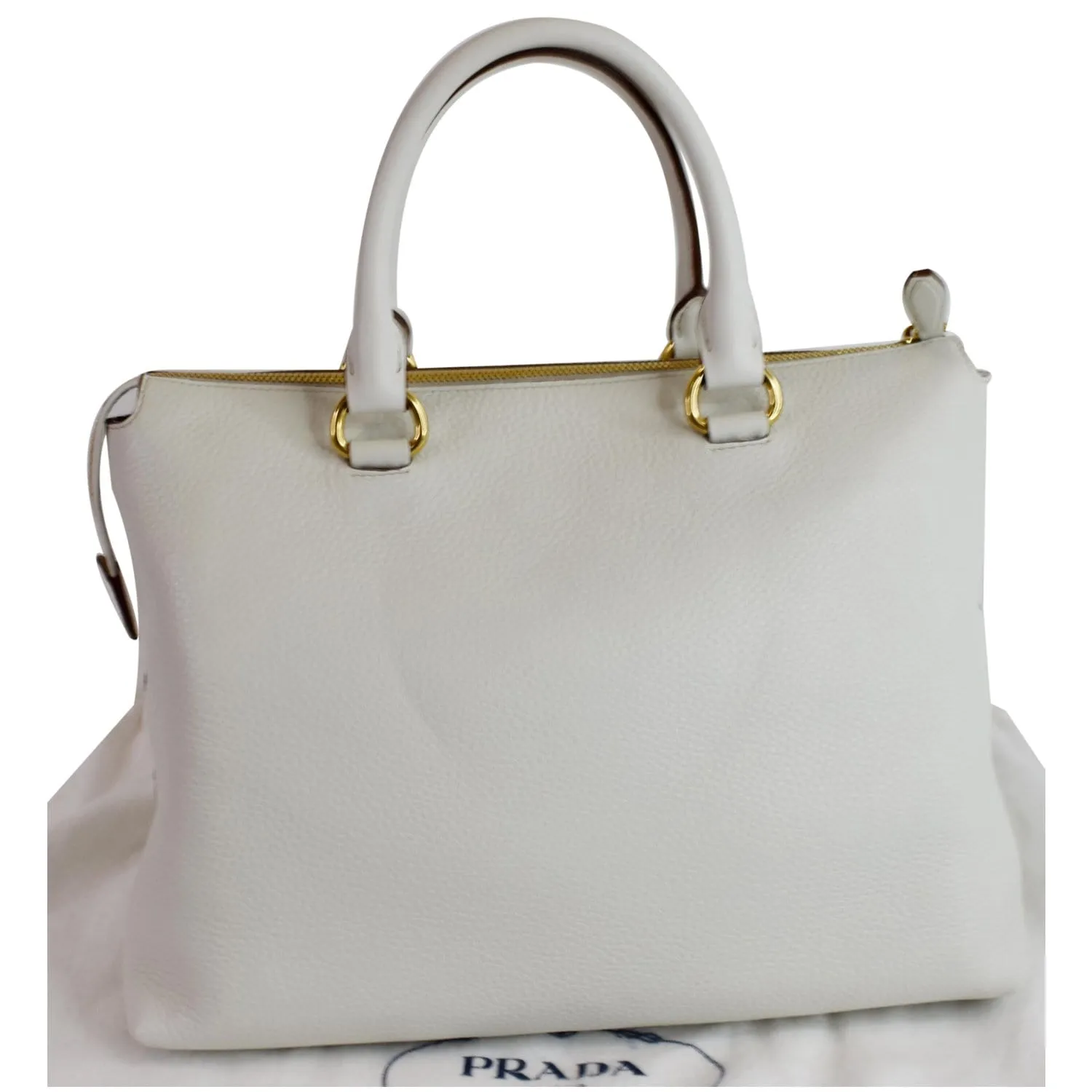 PRADA Vitello Daino Pebbled Leather Zip Tote Shoulder Bag White