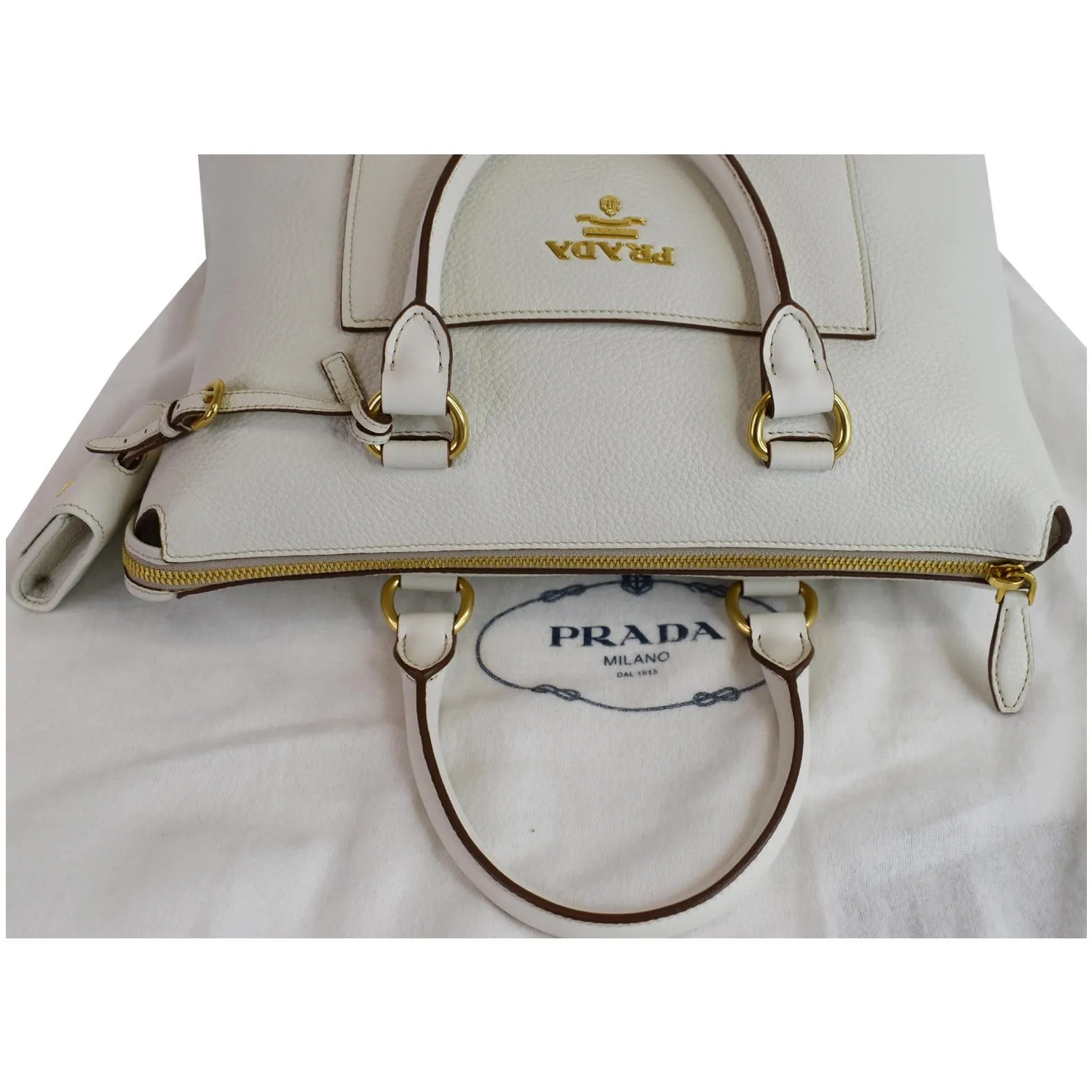 PRADA Vitello Daino Pebbled Leather Zip Tote Shoulder Bag White