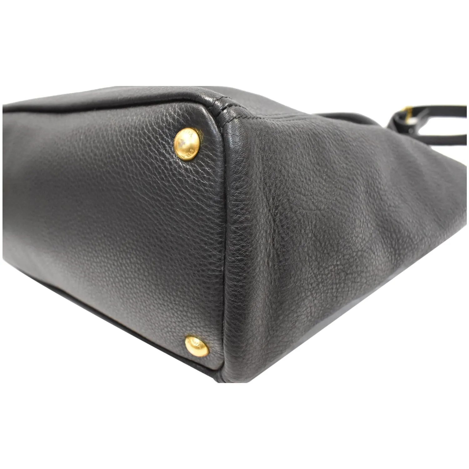 PRADA Vitello Daino Side-Pocket Leather Tote Shoulder Bag Black