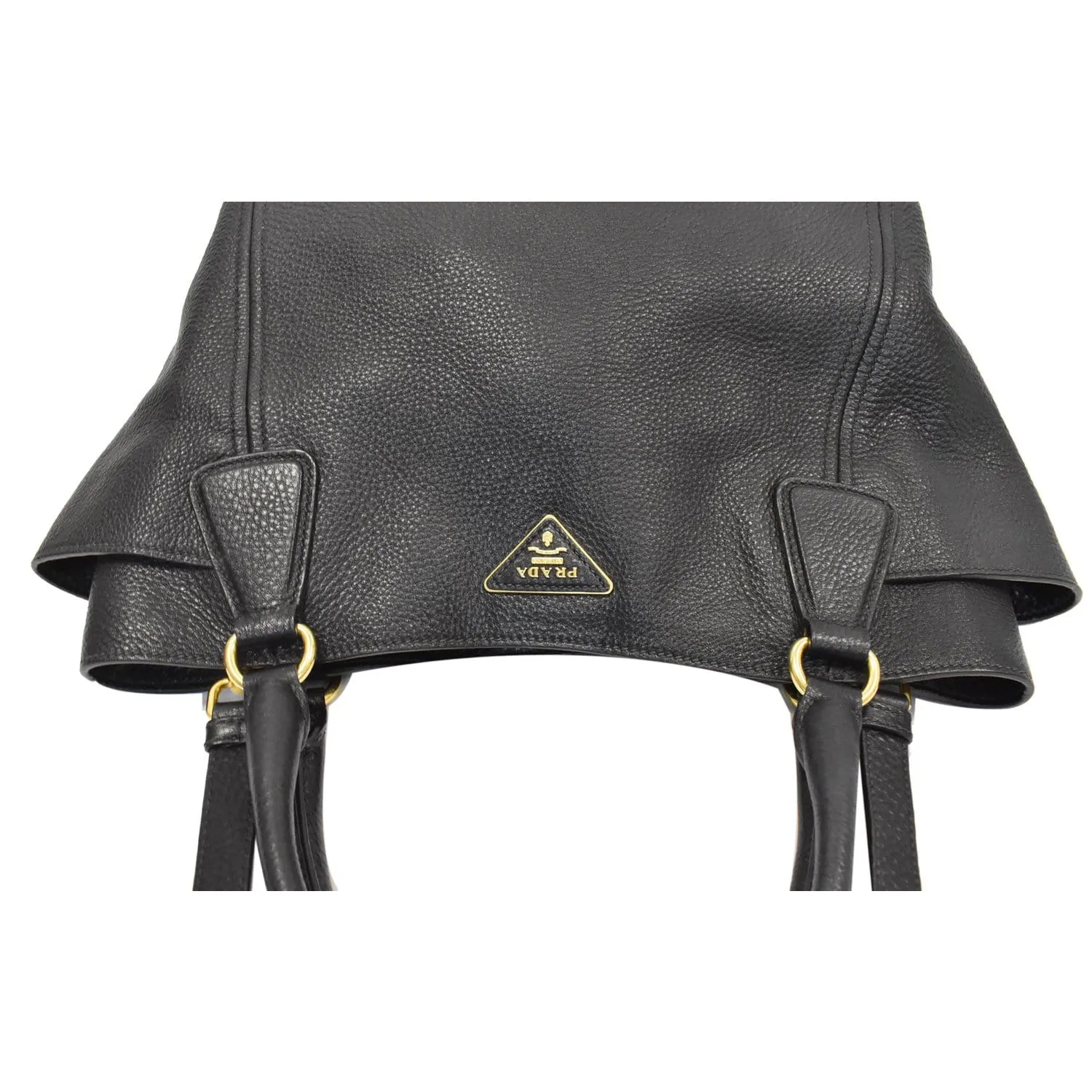 PRADA Vitello Daino Side-Pocket Leather Tote Shoulder Bag Black
