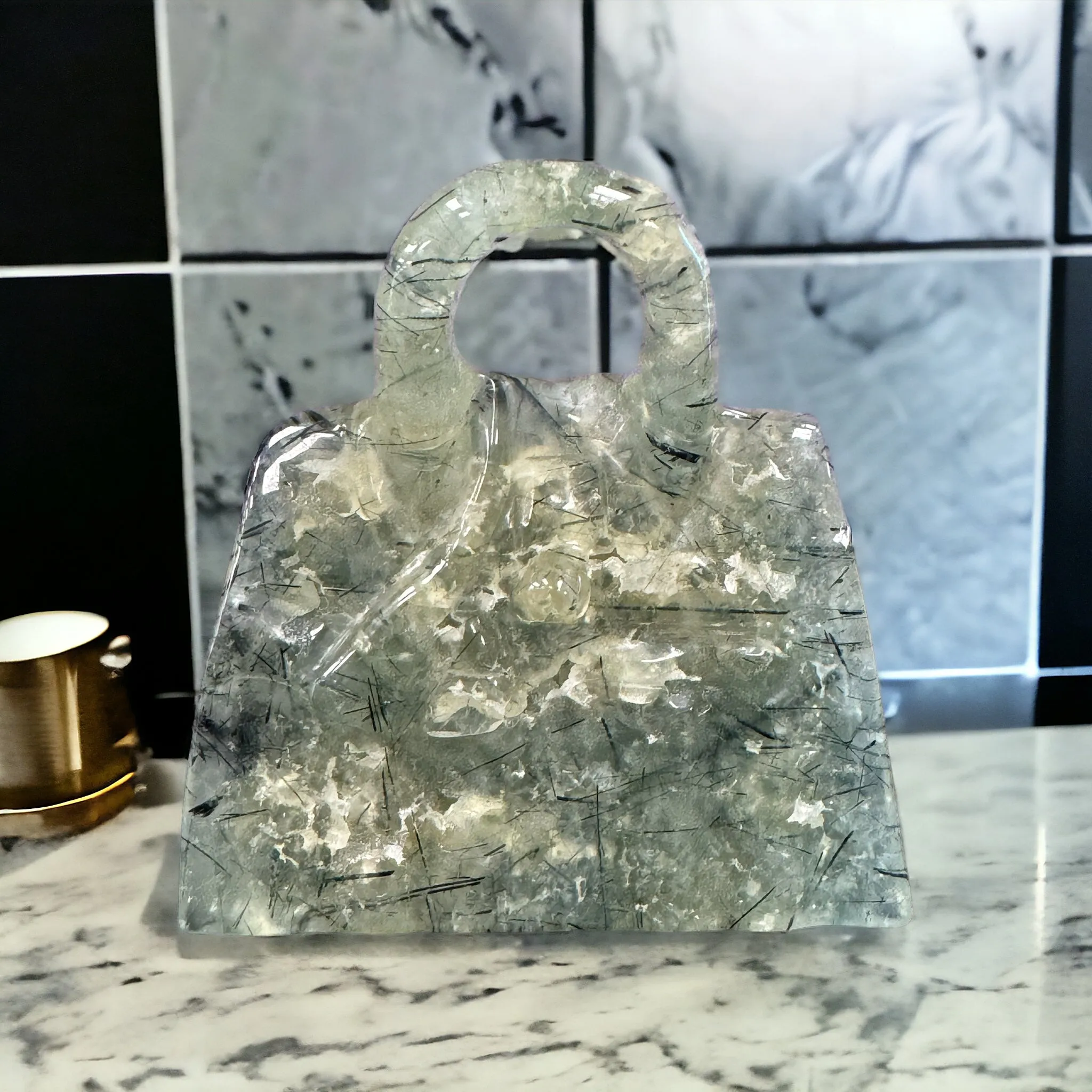 Prehnite  Handbag / Purse Carving - 3.25 inches tall