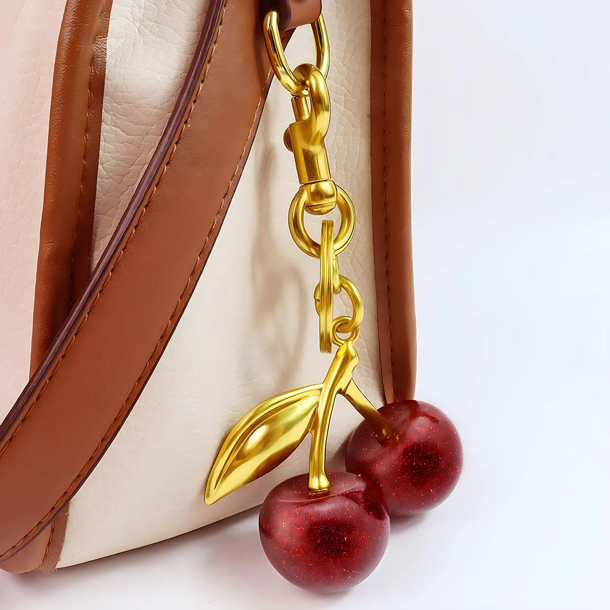 Quadafy 18K Gold Plated Cherry Keychain, Cherry Purse Charm Made of Metal Hardware and Glittering Resin, Cherry Charm, for Purse Charms, Handbag, Birthdays, Women's Gifts