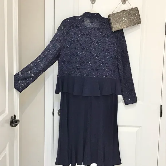 R &amp; M Richards Sequin/Lace Jacket Dress Navy Size 14, EUC