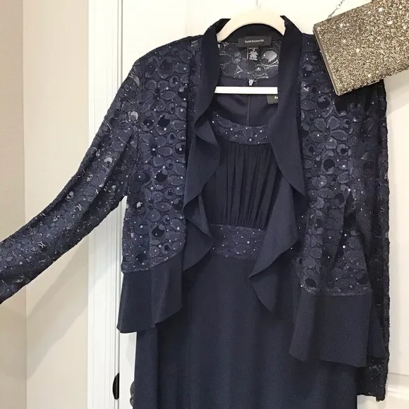 R &amp; M Richards Sequin/Lace Jacket Dress Navy Size 14, EUC