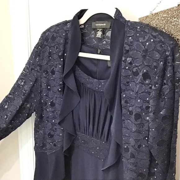 R &amp; M Richards Sequin/Lace Jacket Dress Navy Size 14, EUC