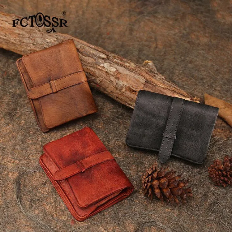 Red Womens Leather Bifold Small Wallet Vintage Buckle Small Wallet for Ladies