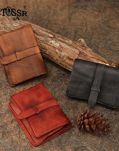 Red Womens Leather Bifold Small Wallet Vintage Buckle Small Wallet for Ladies