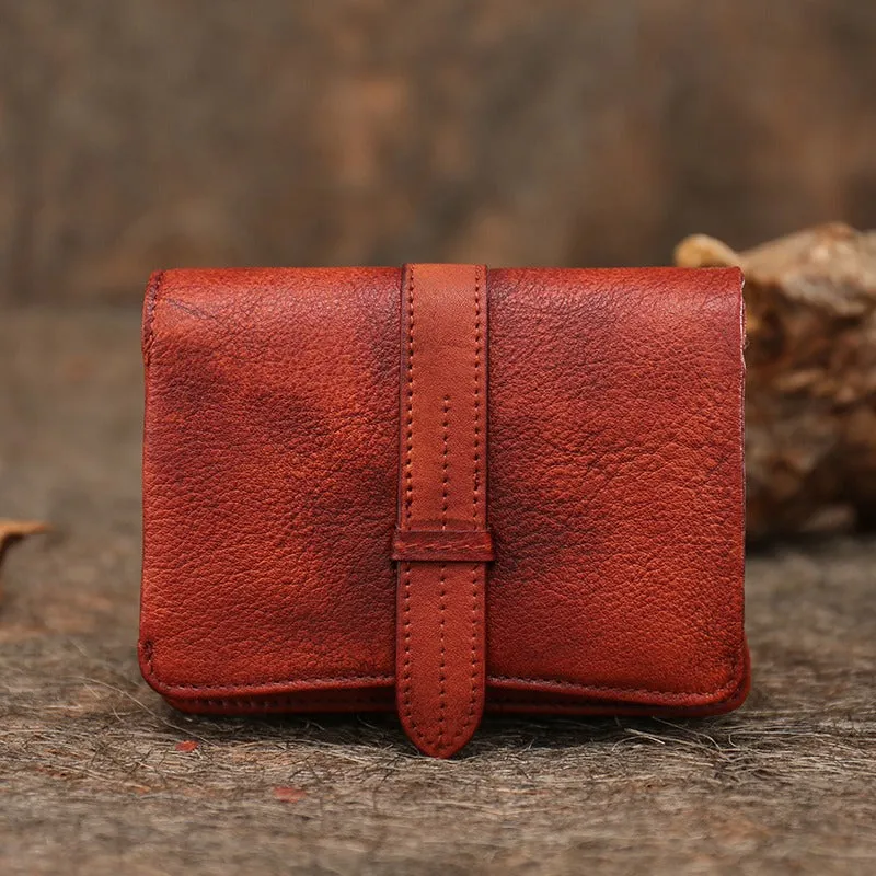 Red Womens Leather Bifold Small Wallet Vintage Buckle Small Wallet for Ladies