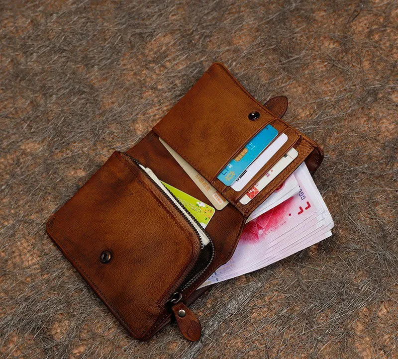 Red Womens Leather Bifold Small Wallet Vintage Buckle Small Wallet for Ladies