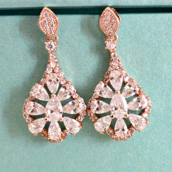Rose Gold Bridal Earrings. Rose Gold Cubic Zirconia Flower Teardrop Earrings. Blush Wedding Jewelry. Bridesmaids Earrings. Bridal Gift.
