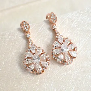 Rose Gold Bridal Earrings. Rose Gold Cubic Zirconia Flower Teardrop Earrings. Blush Wedding Jewelry. Bridesmaids Earrings. Bridal Gift.