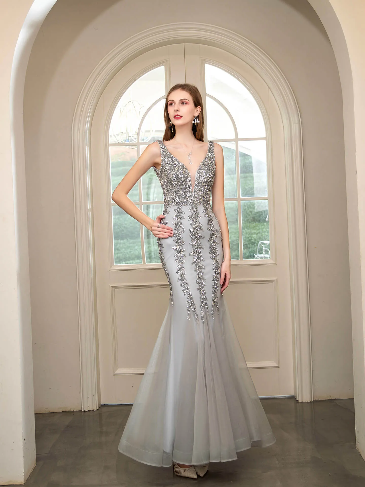 Roycebridal Mermaid V-neck Beaded Luxurious Fashion Formal Evening Dresses Sleeveless Floor Length