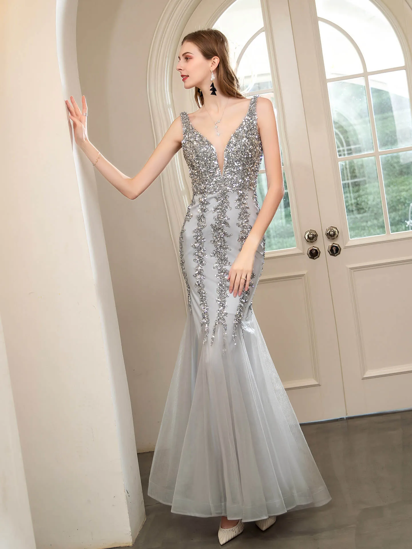 Roycebridal Mermaid V-neck Beaded Luxurious Fashion Formal Evening Dresses Sleeveless Floor Length