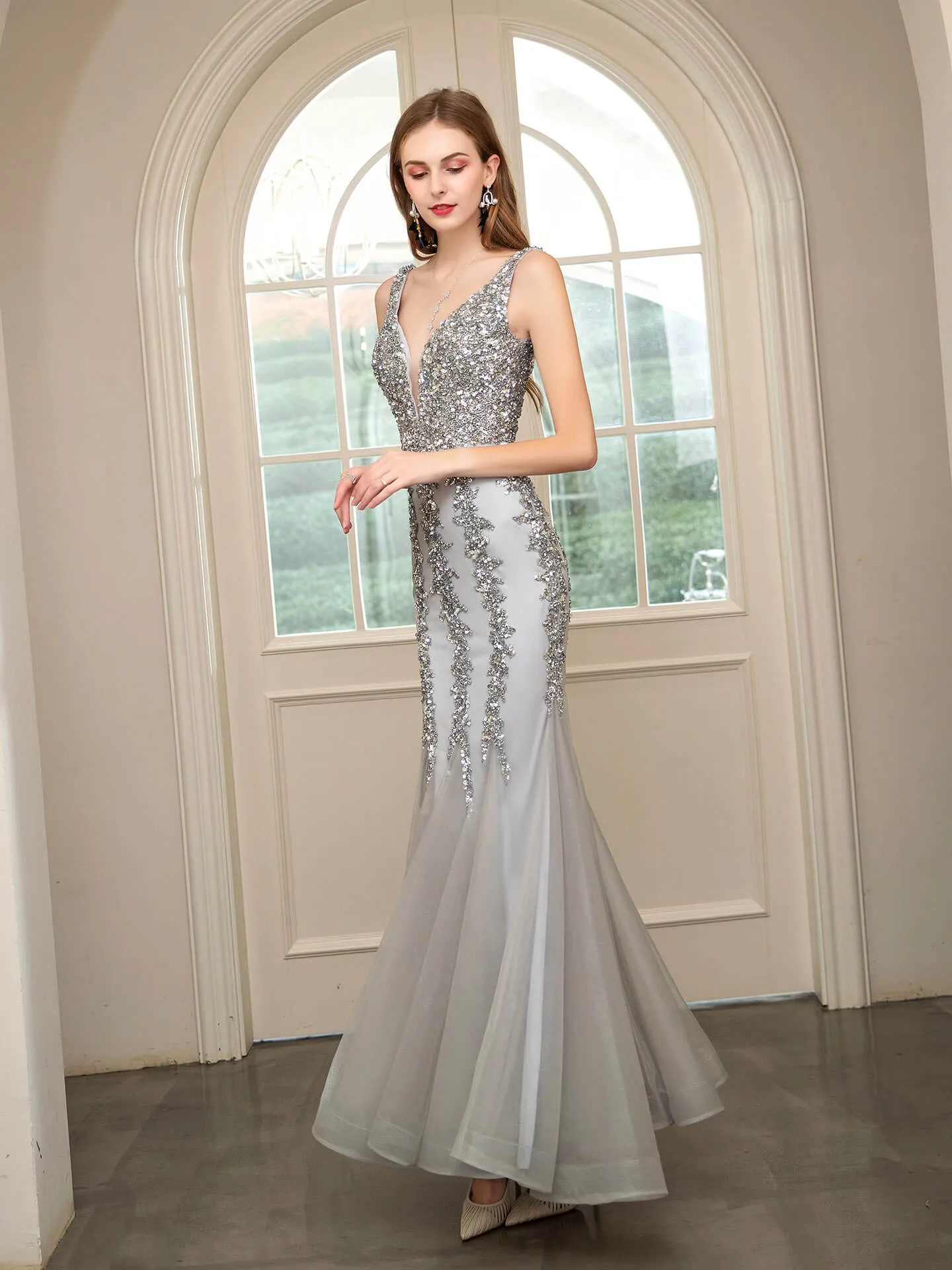 Roycebridal Mermaid V-neck Beaded Luxurious Fashion Formal Evening Dresses Sleeveless Floor Length