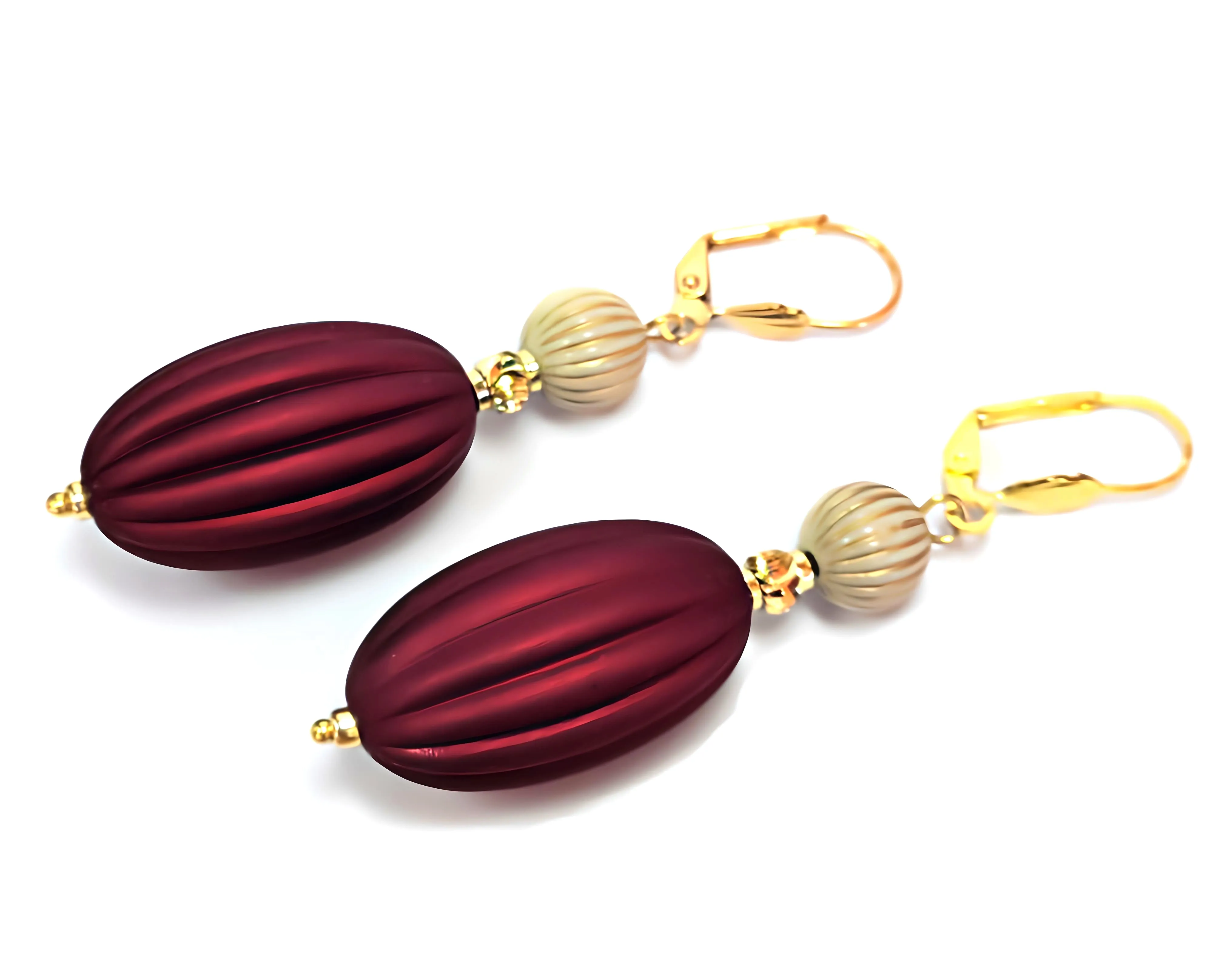 Ruby Red, Ivory and Gold Puffed Oval Dangle Silicone Statement Earrings