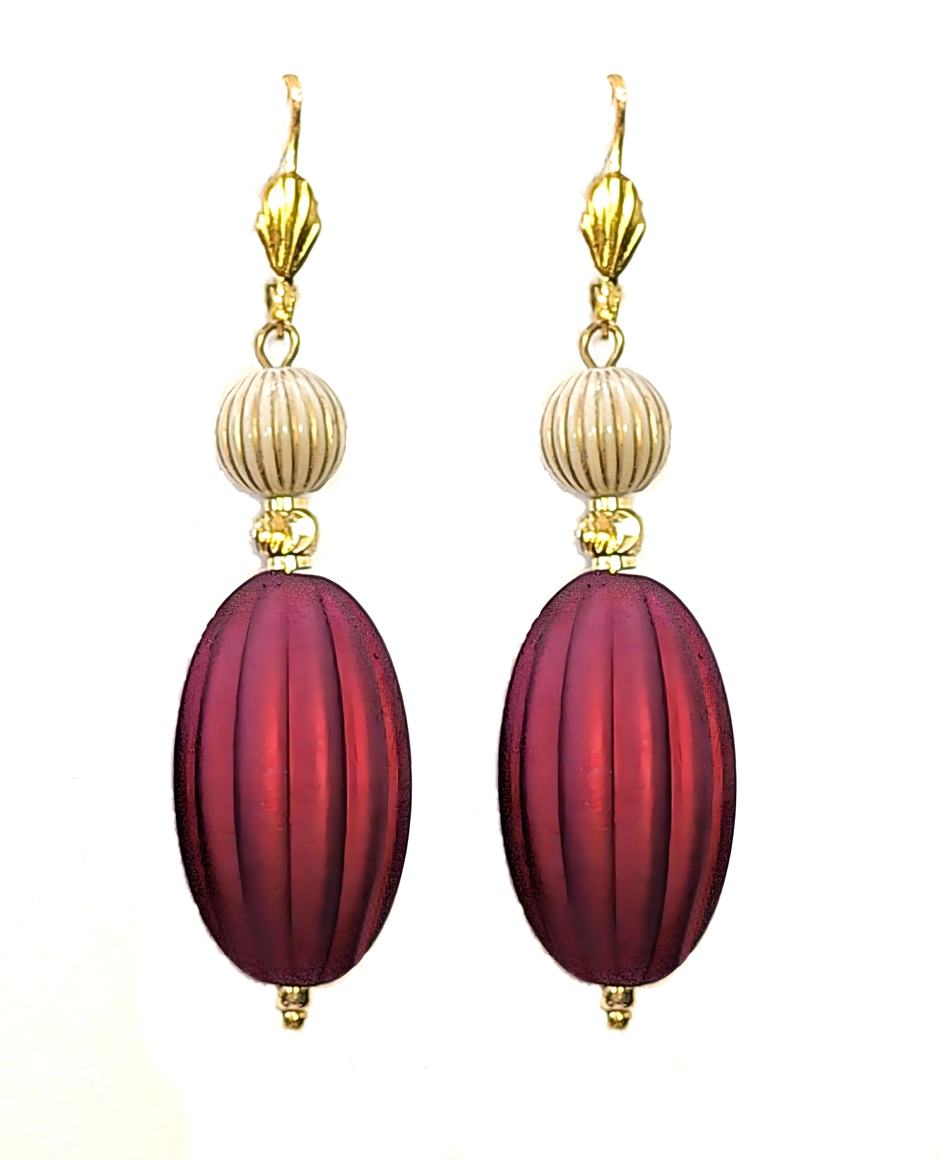 Ruby Red, Ivory and Gold Puffed Oval Dangle Silicone Statement Earrings