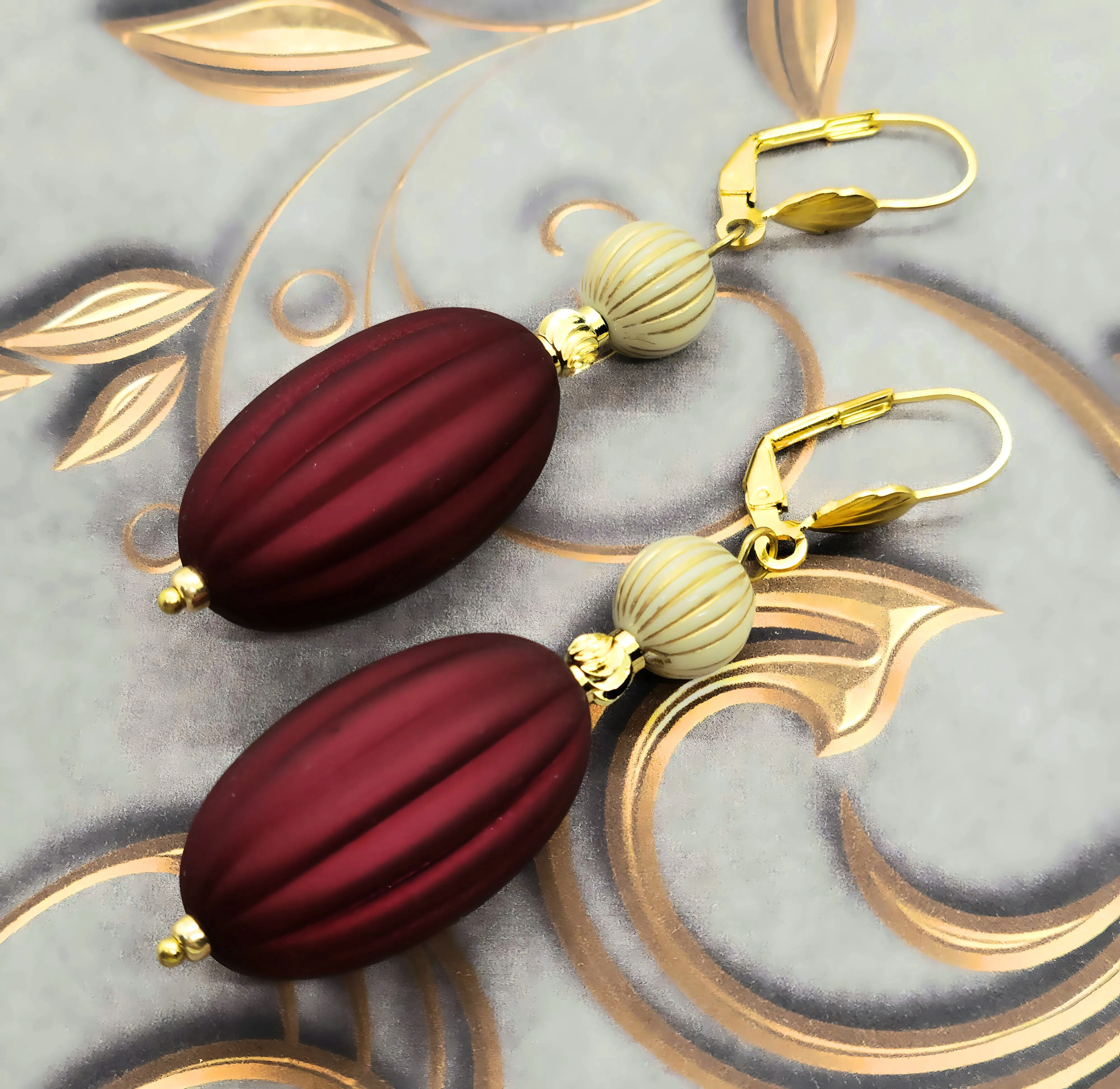 Ruby Red, Ivory and Gold Puffed Oval Dangle Silicone Statement Earrings