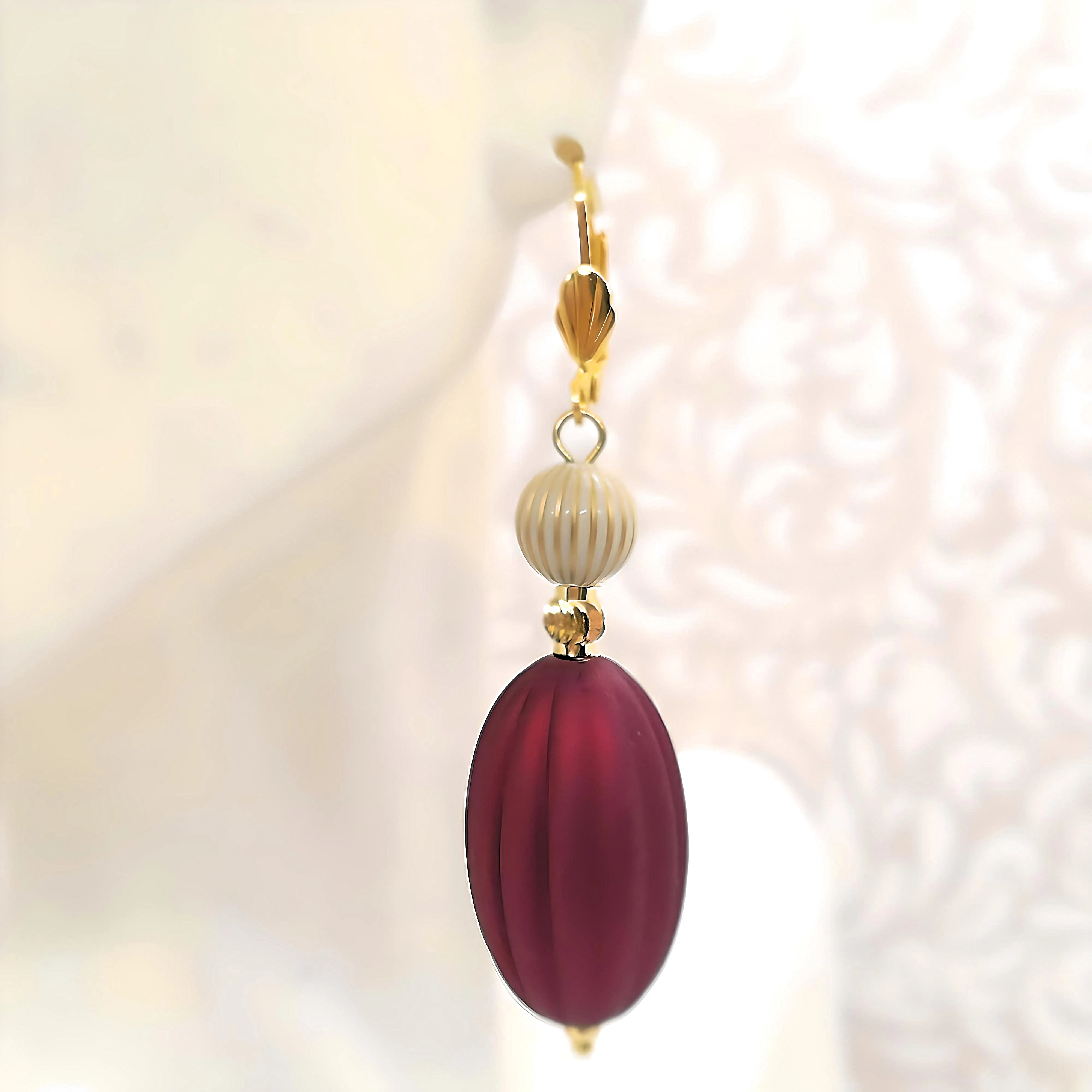 Ruby Red, Ivory and Gold Puffed Oval Dangle Silicone Statement Earrings