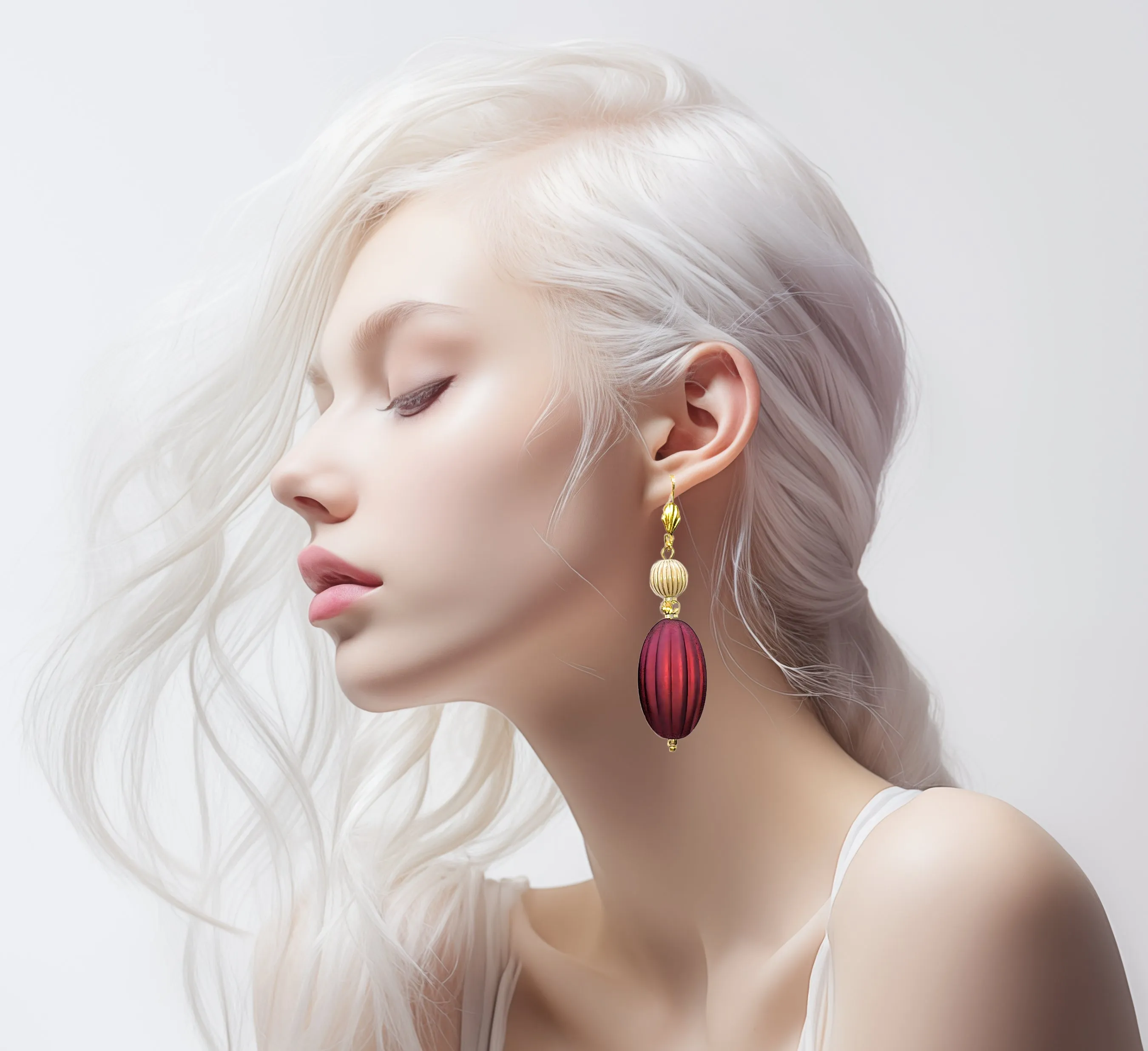 Ruby Red, Ivory and Gold Puffed Oval Dangle Silicone Statement Earrings