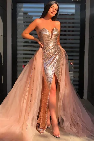 Sequined A-line Evening Dresses Chic Side Slit Party Dresses