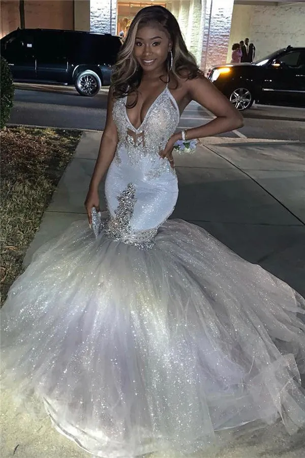 Sexy Deep V-neck Tulle Mermaid Prom Dress Sequins Long With Spaghetti Straps