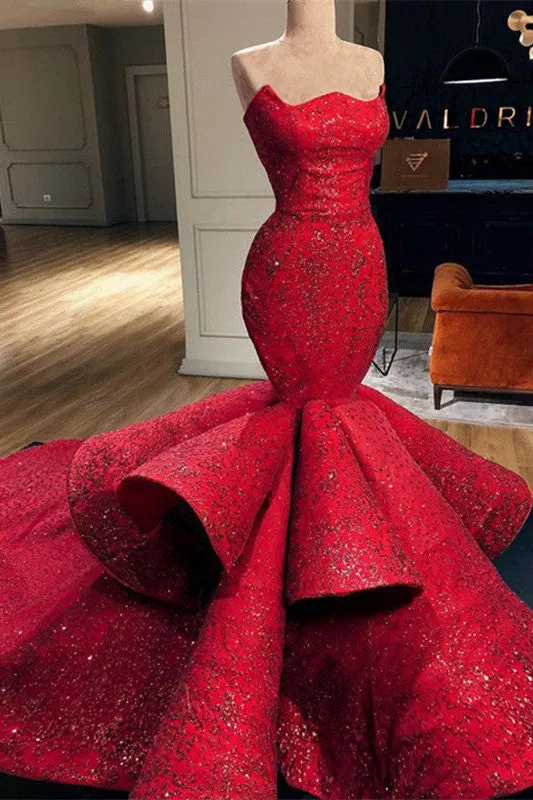 Sexy Red Strapless Mermaid Prom Dress Sequins Long