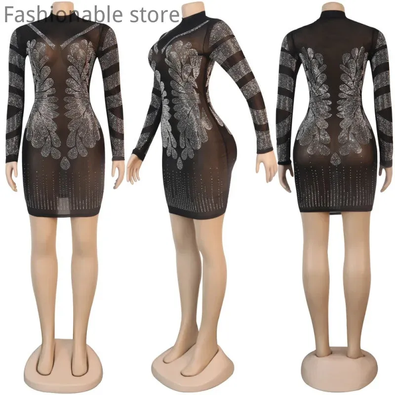 Sheer Mesh Rhinestone Design Bodycon Dress