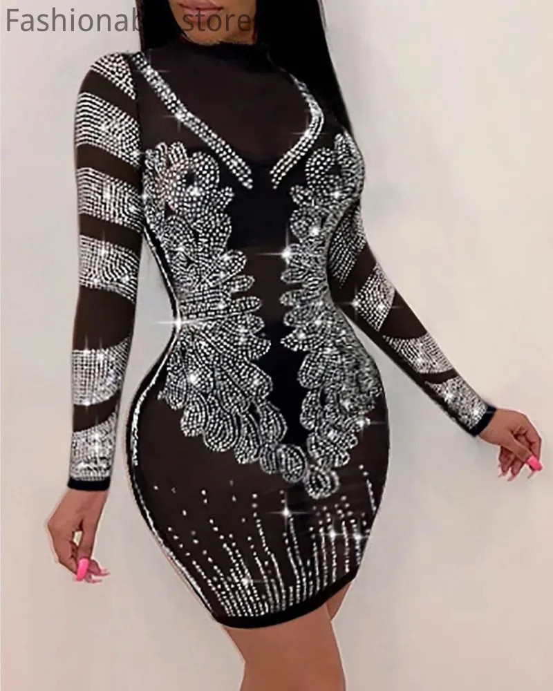 Sheer Mesh Rhinestone Design Bodycon Dress