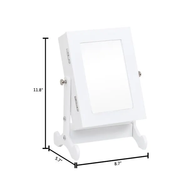 Small Mirror Jewelry Cabinet Organizer Armoire Storage Box Countertop with Stand White