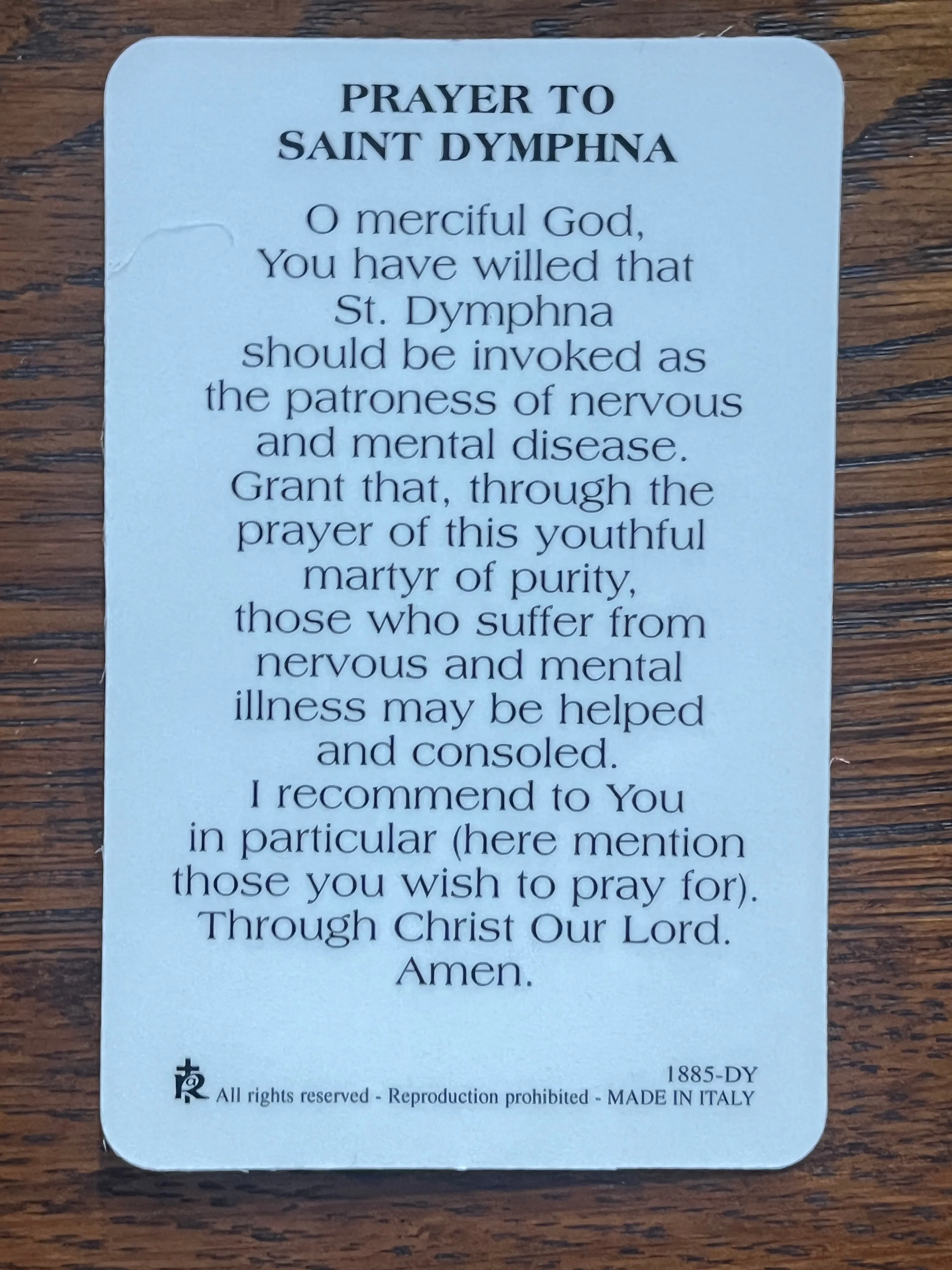 St. Dymphna Prayer Card and Medal