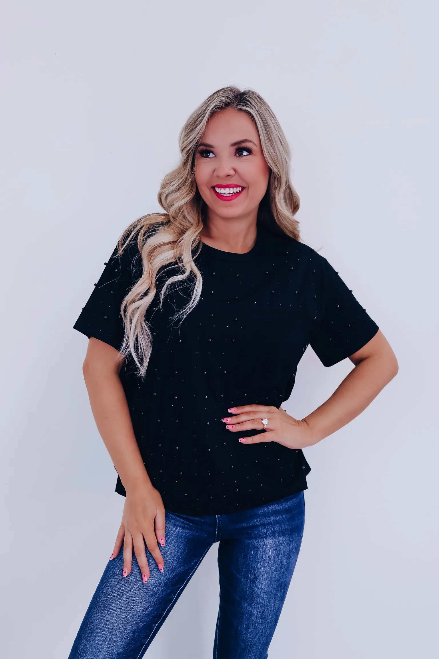 Stauci Stud Embellished T-Shirt- Black