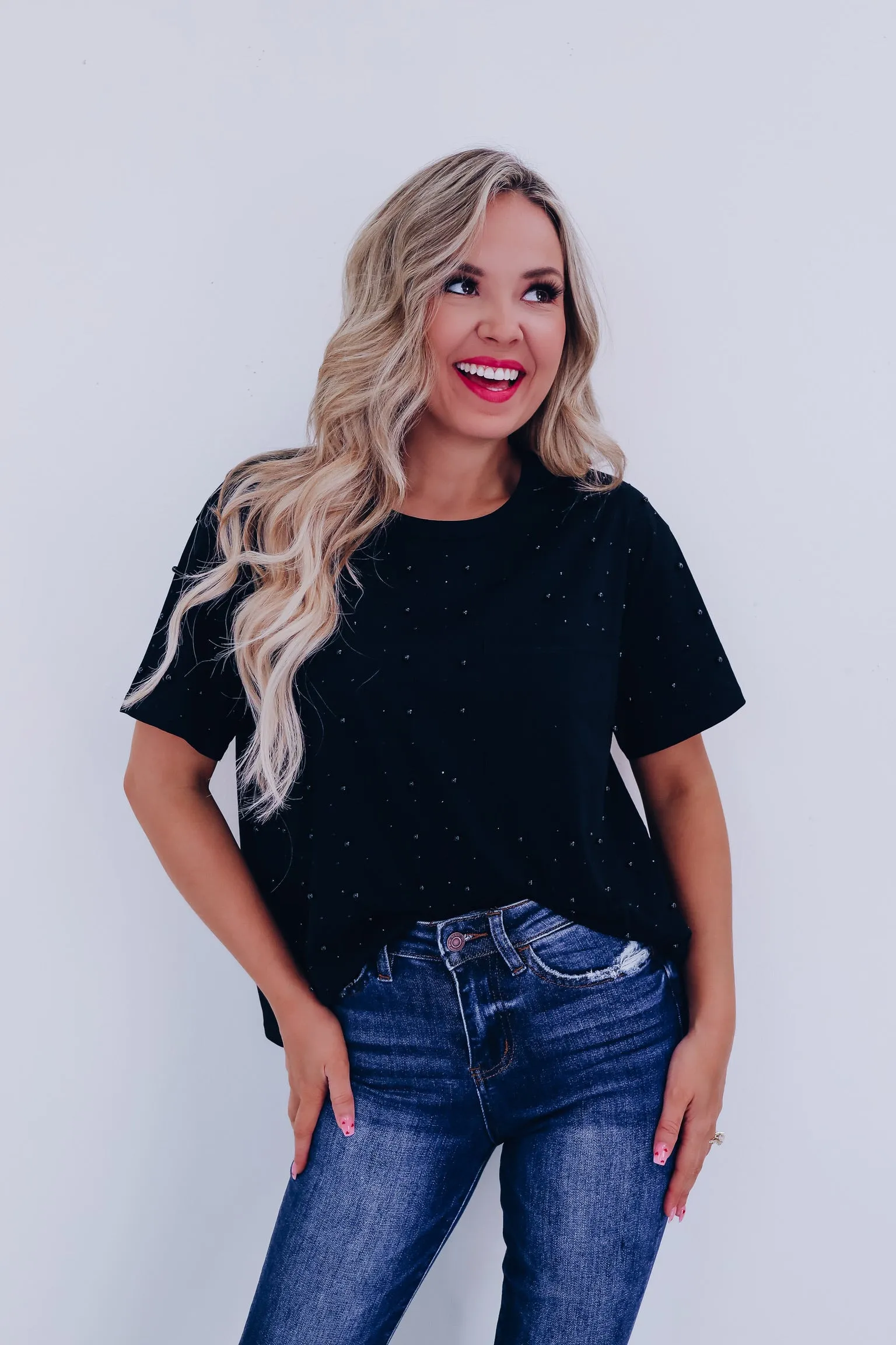 Stauci Stud Embellished T-Shirt- Black