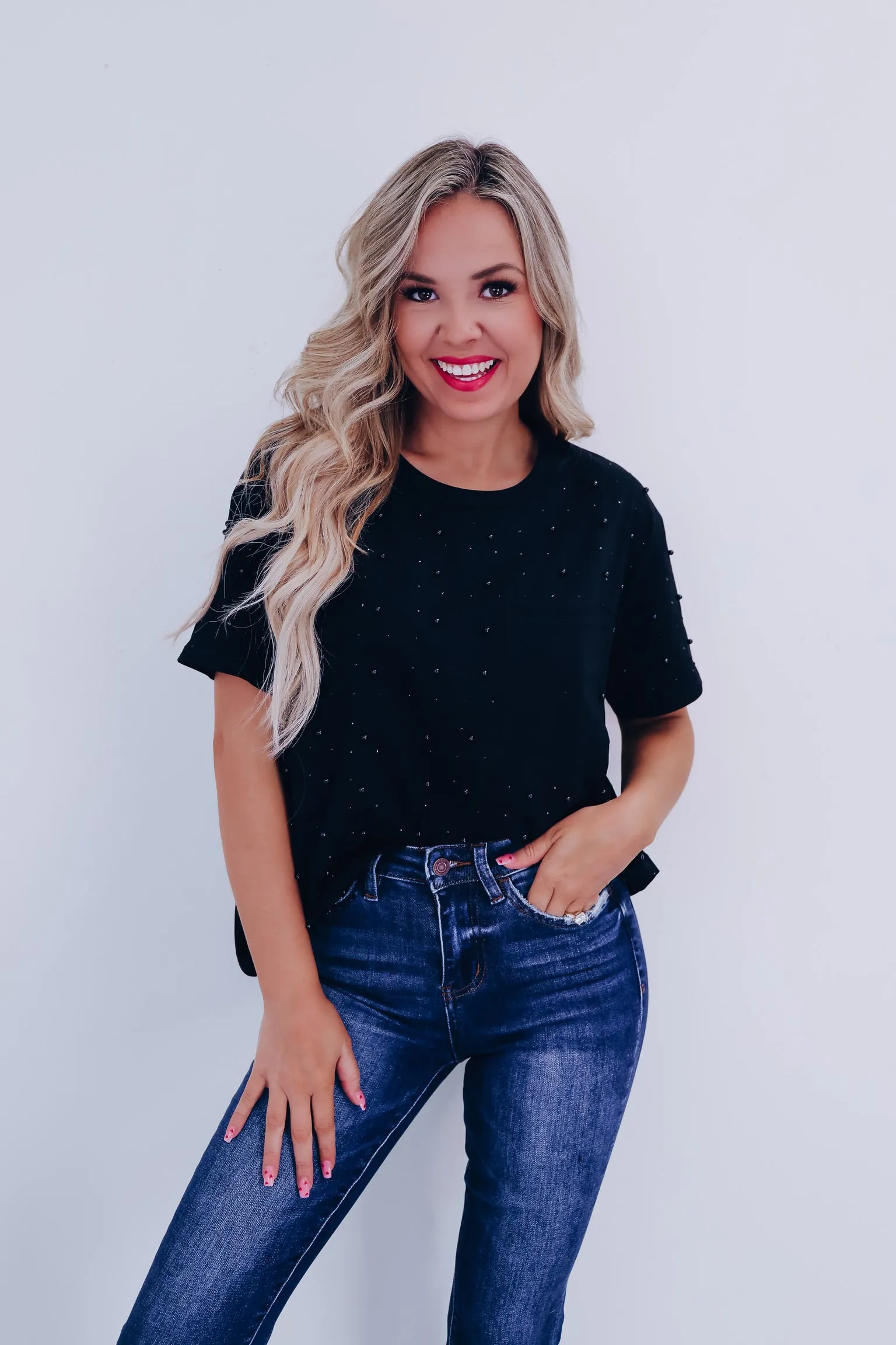 Stauci Stud Embellished T-Shirt- Black