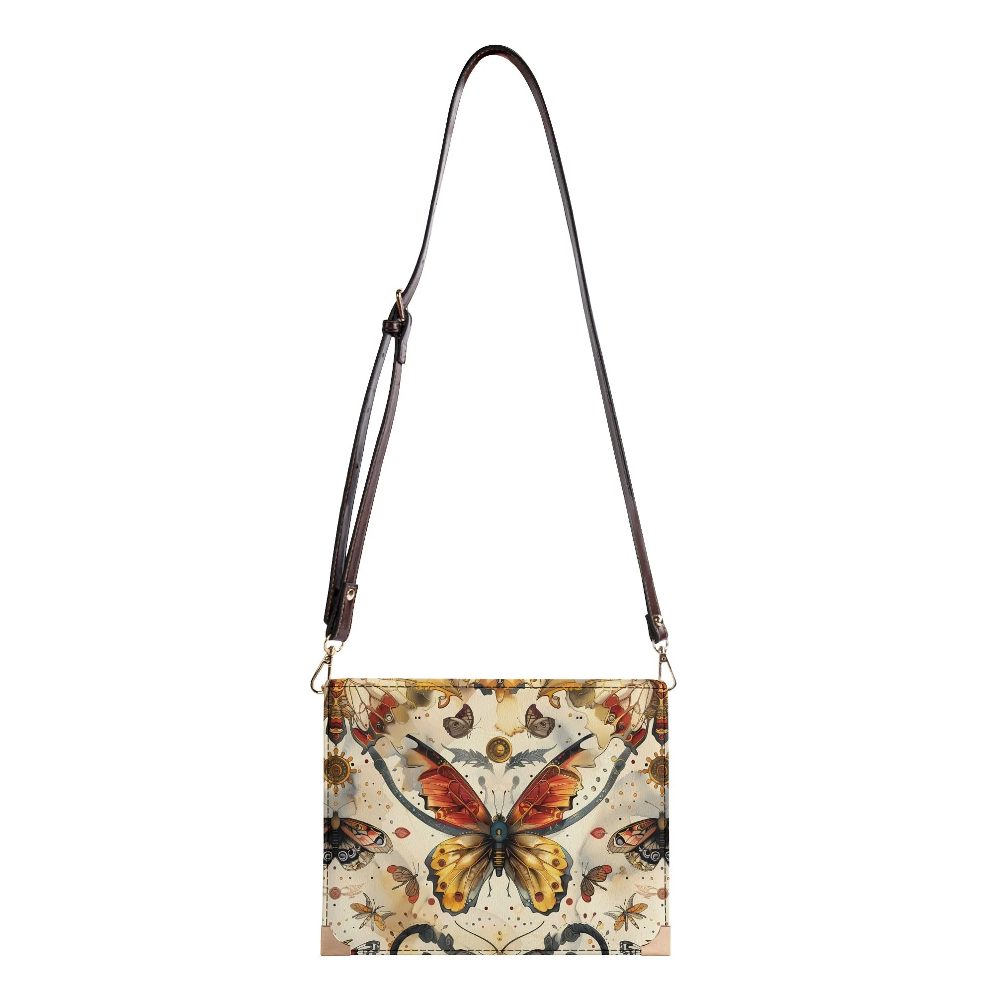 Steampunk Butterfly Book Cover Bag - Vintage-Inspired Crossbody for Book Lovers in Earthy Browns and Cream