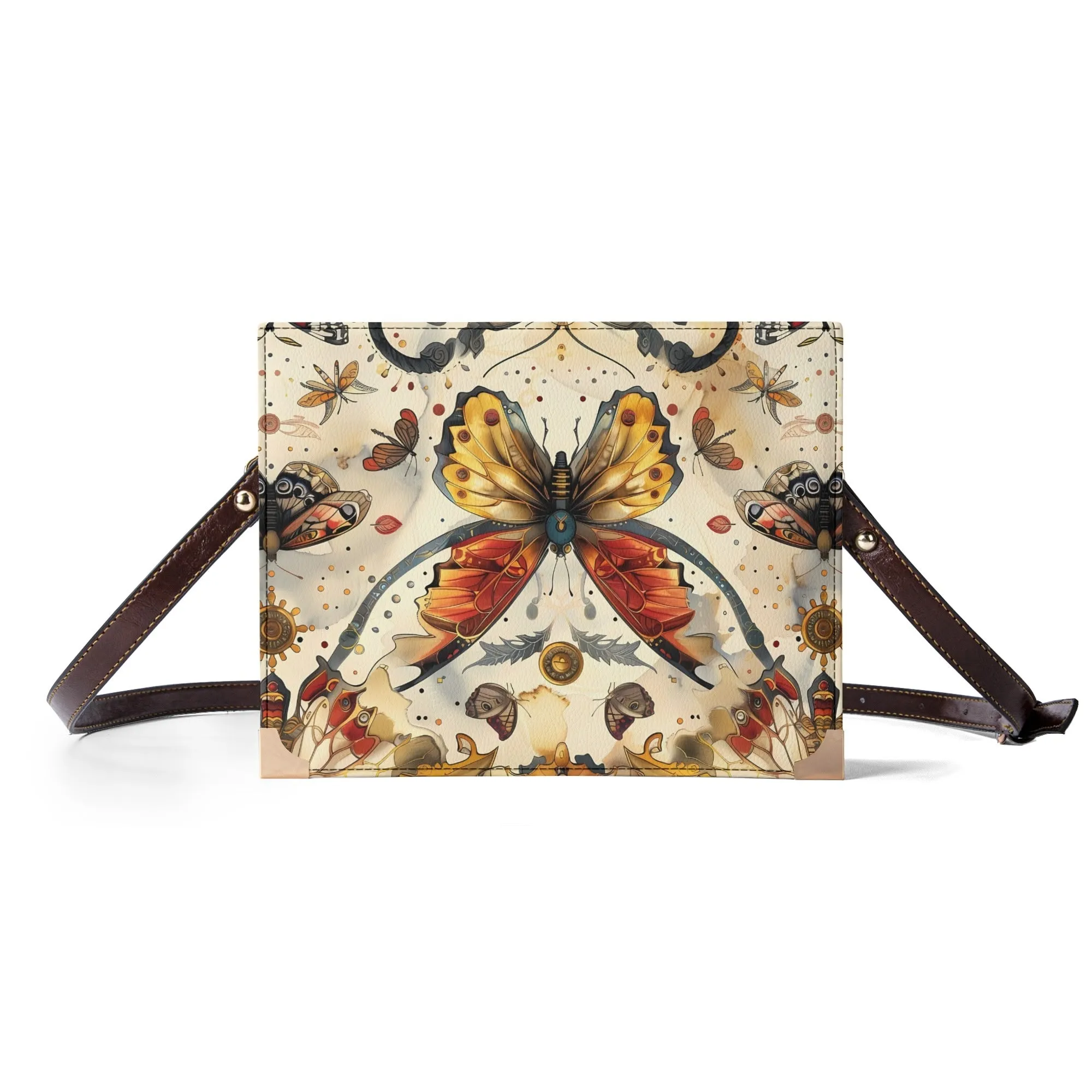 Steampunk Butterfly Book Cover Bag - Vintage-Inspired Crossbody for Book Lovers in Earthy Browns and Cream