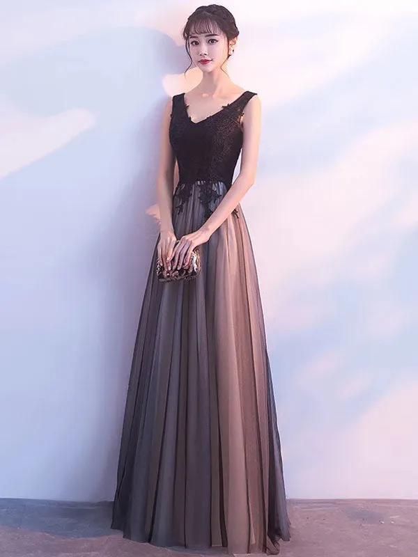 Stunning Black Evening Dresses Long V Neck Lace Tulle Sleeveless A Lien Floor Length Formal Evening Dress